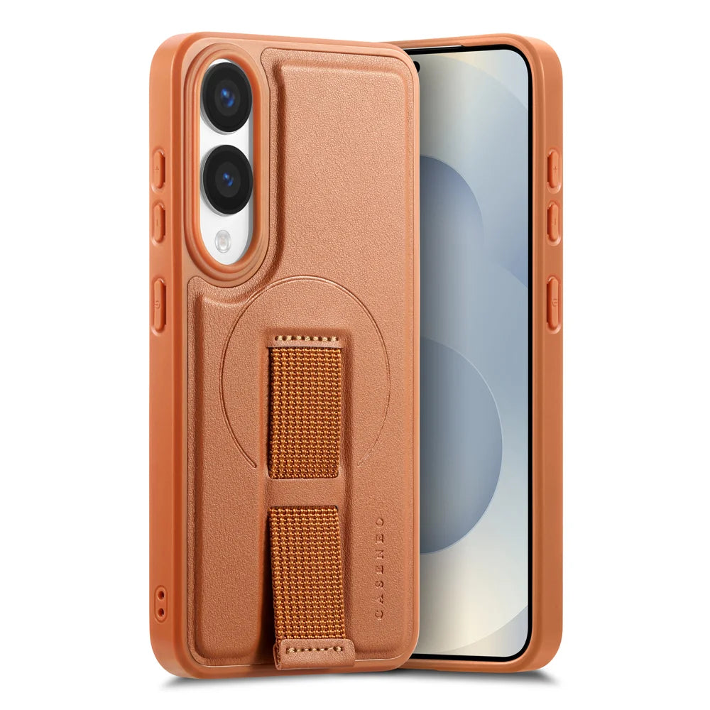 CASENEO For Samsung Galaxy S25 Edge Magnetic Case  Wristband PU Leather + PC Shockproof Phone Cover - Brown - 5