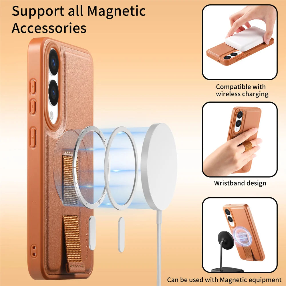 CASENEO For Samsung Galaxy S25 Edge Magnetic Case  Wristband PU Leather + PC Shockproof Phone Cover - Brown - 6