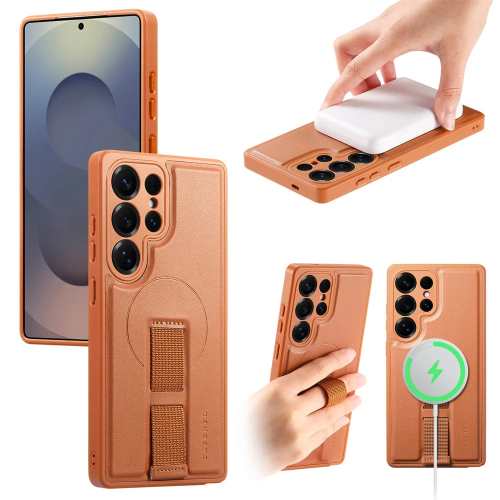 CASENEO For Samsung Galaxy S25 Ultra Magnetic Case  Wristband PU Leather + PC Shockproof Phone Cover - Brown - 1