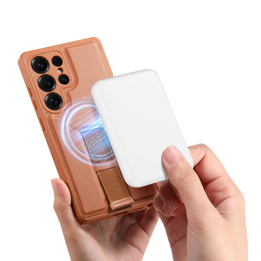 CASENEO For Samsung Galaxy S25 Ultra Magnetic Case  Wristband PU Leather + PC Shockproof Phone Cover - Brown - 2