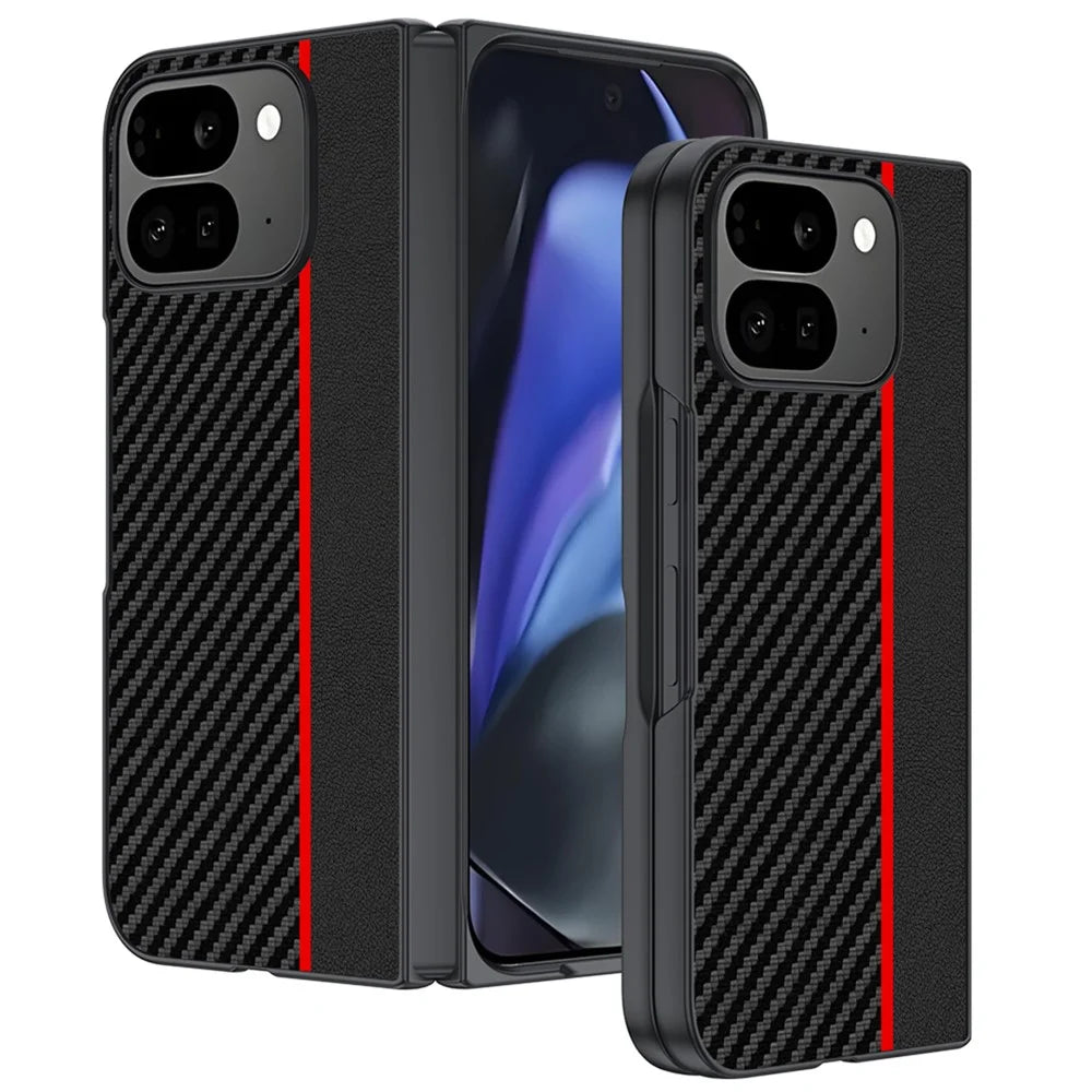 For Google Pixel 10 Pro Fold Case Carbon Fiber Texture Leather + PC Anti-Drop Folding Phone Cover - Black / Red - 1