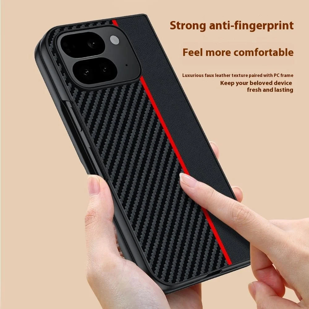 For Google Pixel 10 Pro Fold Case Carbon Fiber Texture Leather + PC Anti-Drop Folding Phone Cover - Black / Red - 4