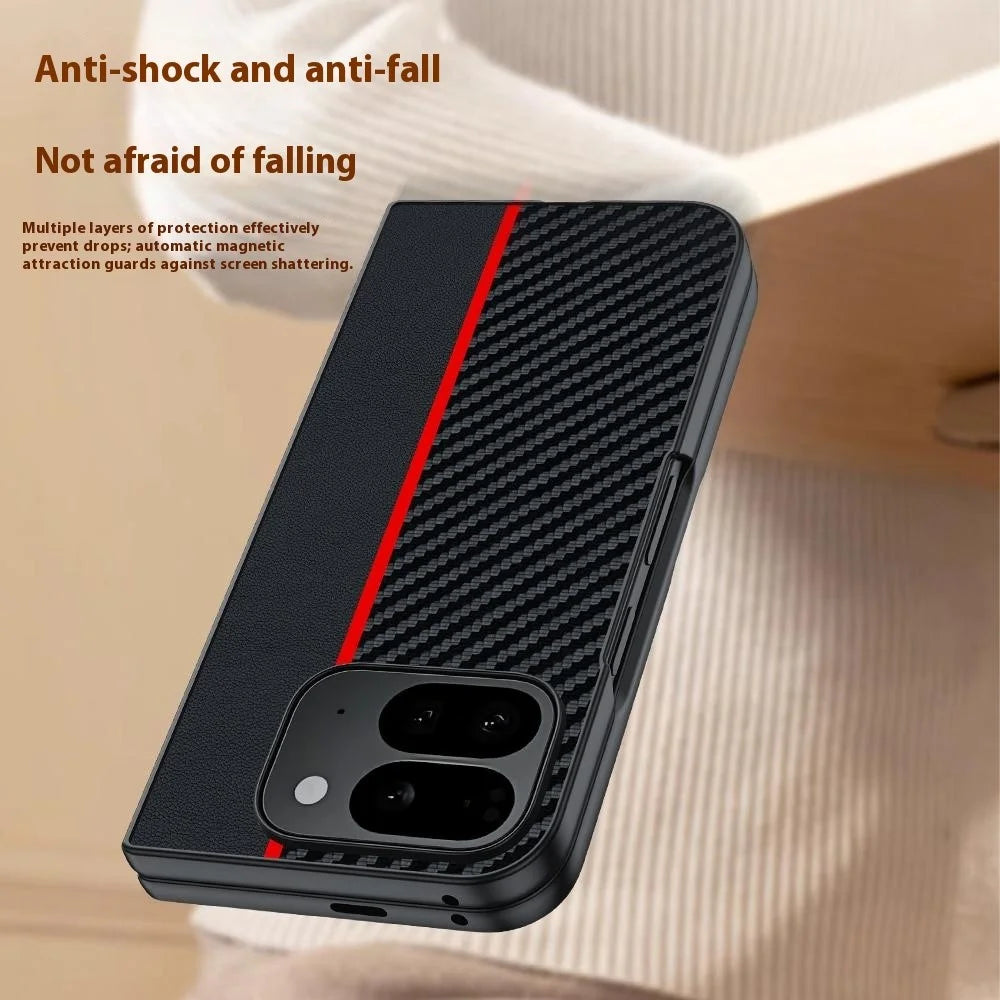 For Google Pixel 10 Pro Fold Case Carbon Fiber Texture Leather + PC Anti-Drop Folding Phone Cover - Black / Red - 5