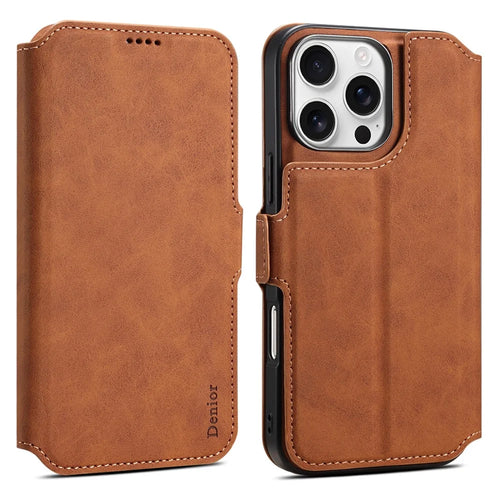 DENIOR B06 For iPhone 16 Pro Case Magnetic Detachable Wallet Stand Leather + TPU Phone Cover - Brown - 1