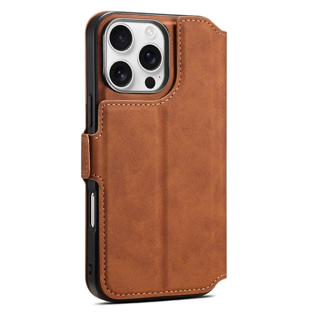 DENIOR B06 For iPhone 16 Pro Case Magnetic Detachable Wallet Stand Leather + TPU Phone Cover - Brown - 6
