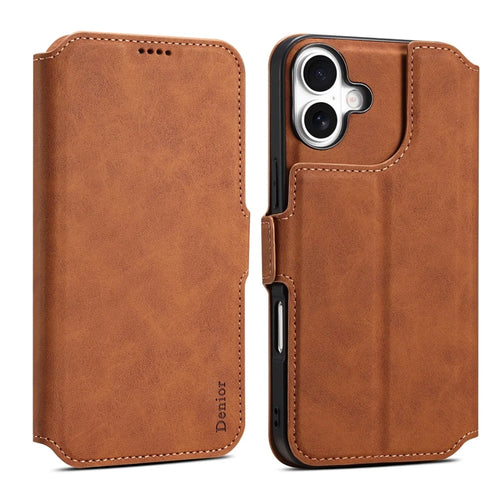DENIOR B06 For iPhone 16 Plus Case Magnetic Detachable Wallet Stand Leather + TPU Phone Cover - Brown - 1