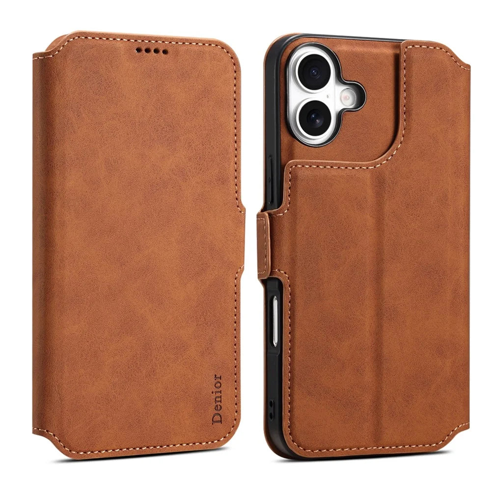 DENIOR B06 For iPhone 16 Plus Case Magnetic Detachable Wallet Stand Leather + TPU Phone Cover - Brown - 1