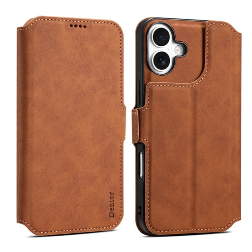 DENIOR B06 For iPhone 16 Plus Case Magnetic Detachable Wallet Stand Leather + TPU Phone Cover - Brown - 1