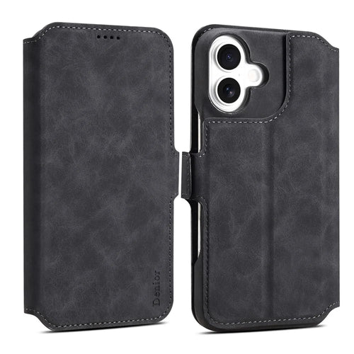 DENIOR B07 For iPhone 16 Case Leather + PC Magnetic Detachable Wallet Phone Cover - Black - 1
