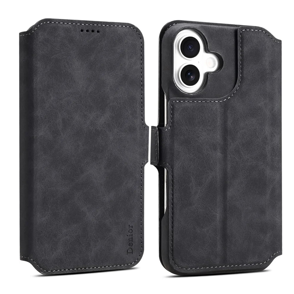 DENIOR B07 For iPhone 16 Case Leather + PC Magnetic Detachable Wallet Phone Cover - Black - 1