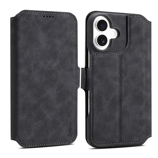 DENIOR B07 For iPhone 16 Case Leather + PC Magnetic Detachable Wallet Phone Cover - Black - 1