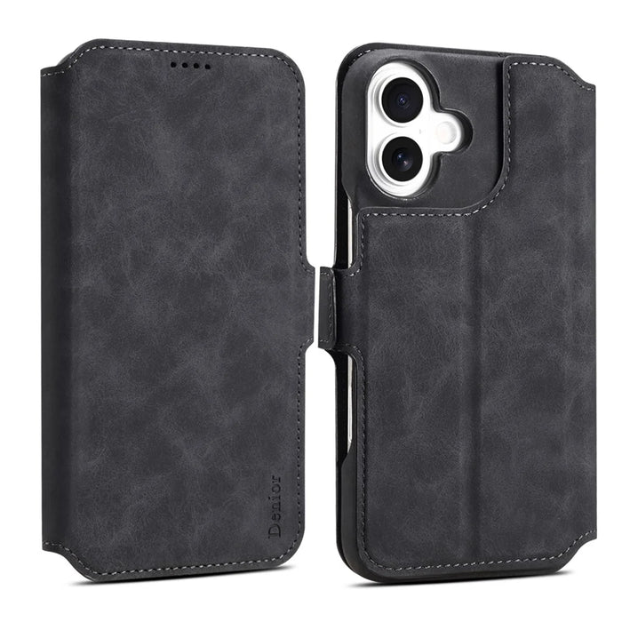 DENIOR B07 For iPhone 16 Case Leather + PC Magnetic Detachable Wallet Phone Cover - Black - 1