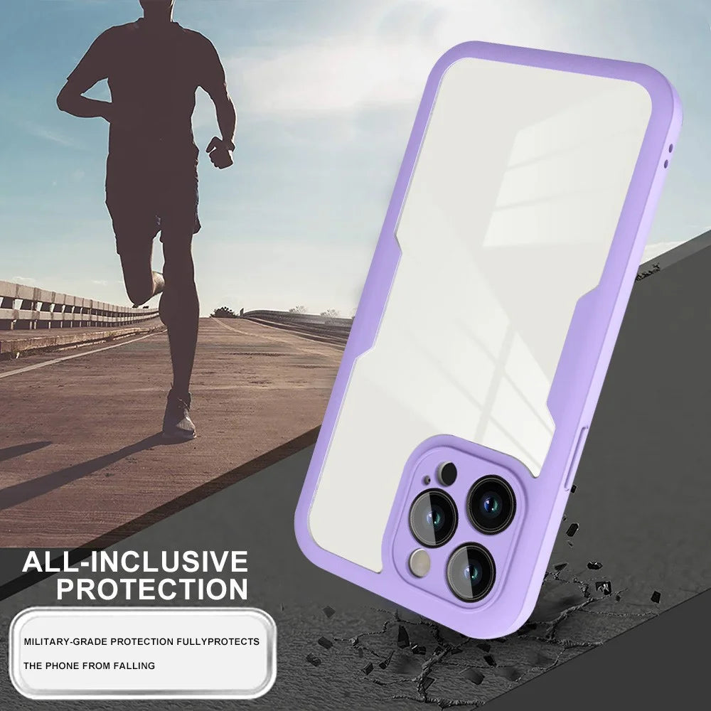For iPhone 14 Pro Shockproof Phone Case PET Screen Film + Acrylic + TPU Full Protection Mobile Phone Cover - Purple - 2