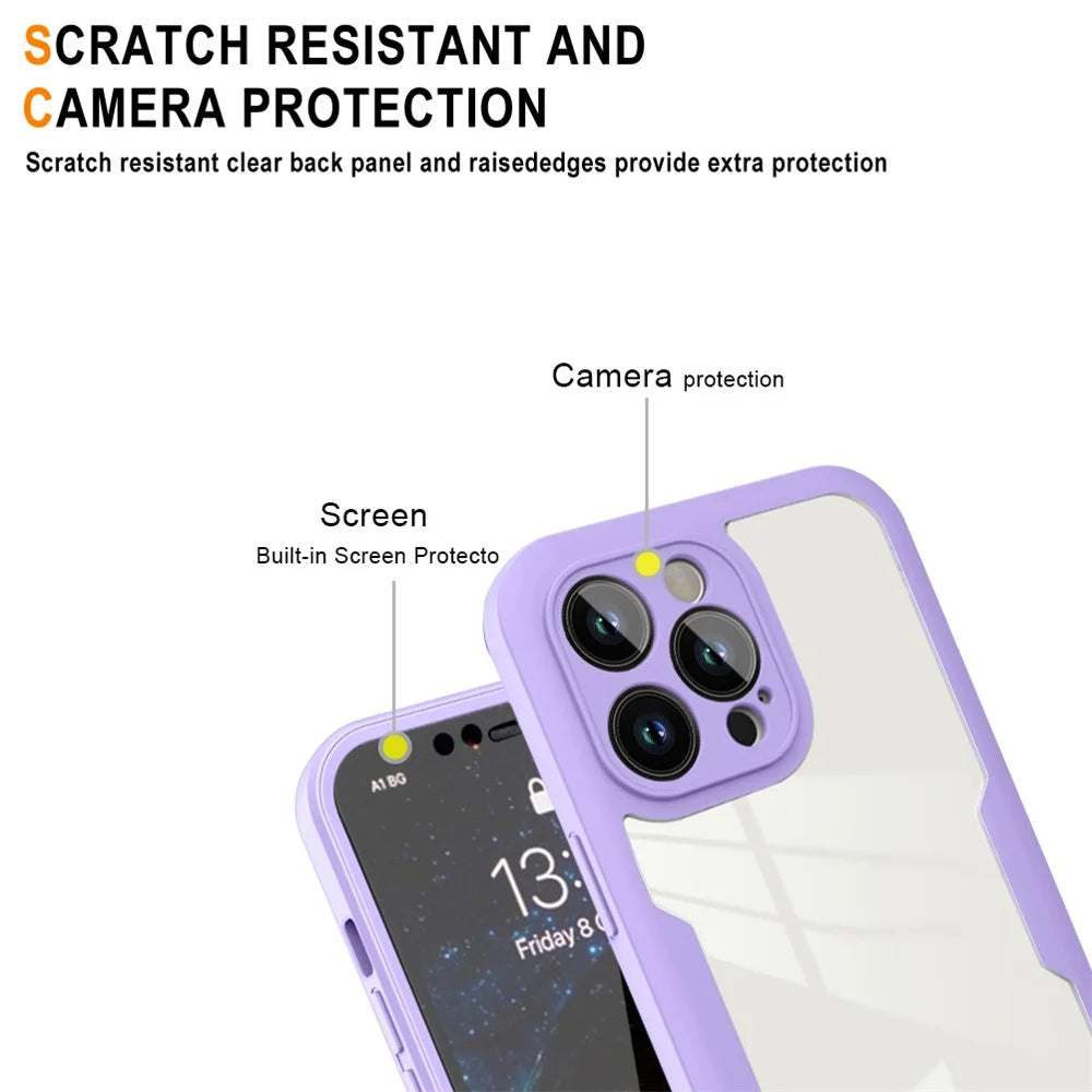 For iPhone 14 Pro Shockproof Phone Case PET Screen Film + Acrylic + TPU Full Protection Mobile Phone Cover - Purple - 3