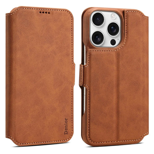 DENIOR B07 For iPhone 16 Pro Case Leather + PC Magnetic Detachable Wallet Phone Cover - Brown - 1