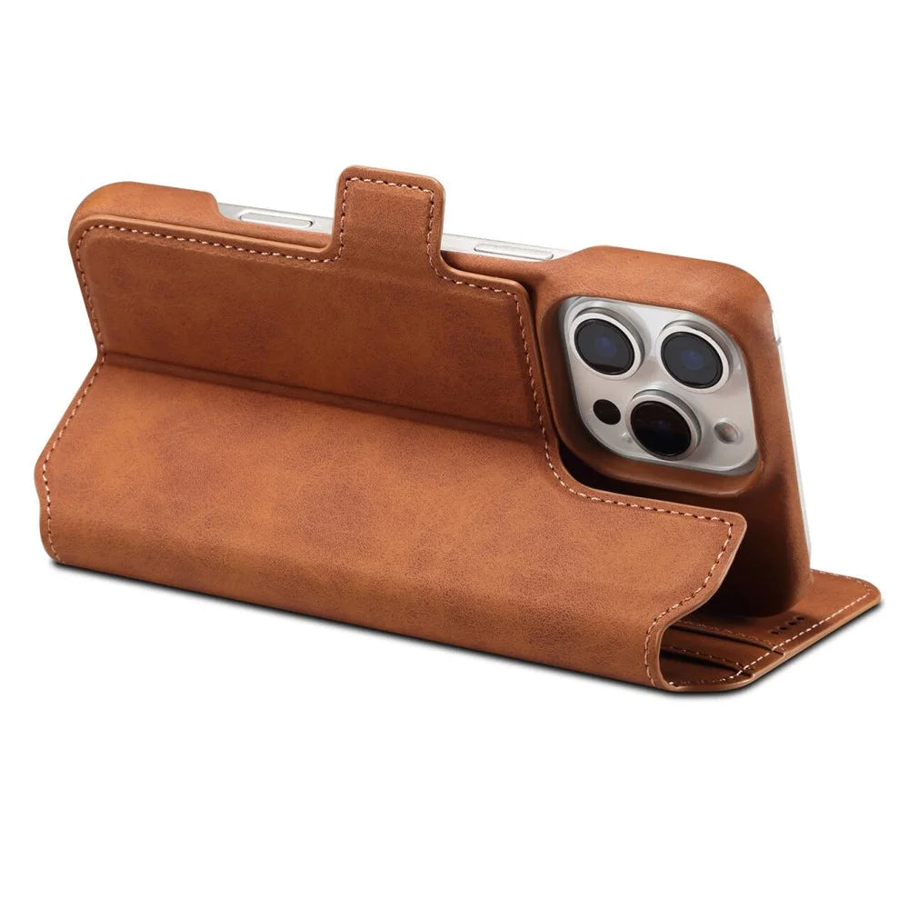 DENIOR B07 For iPhone 16 Pro Case Leather + PC Magnetic Detachable Wallet Phone Cover - Brown - 2