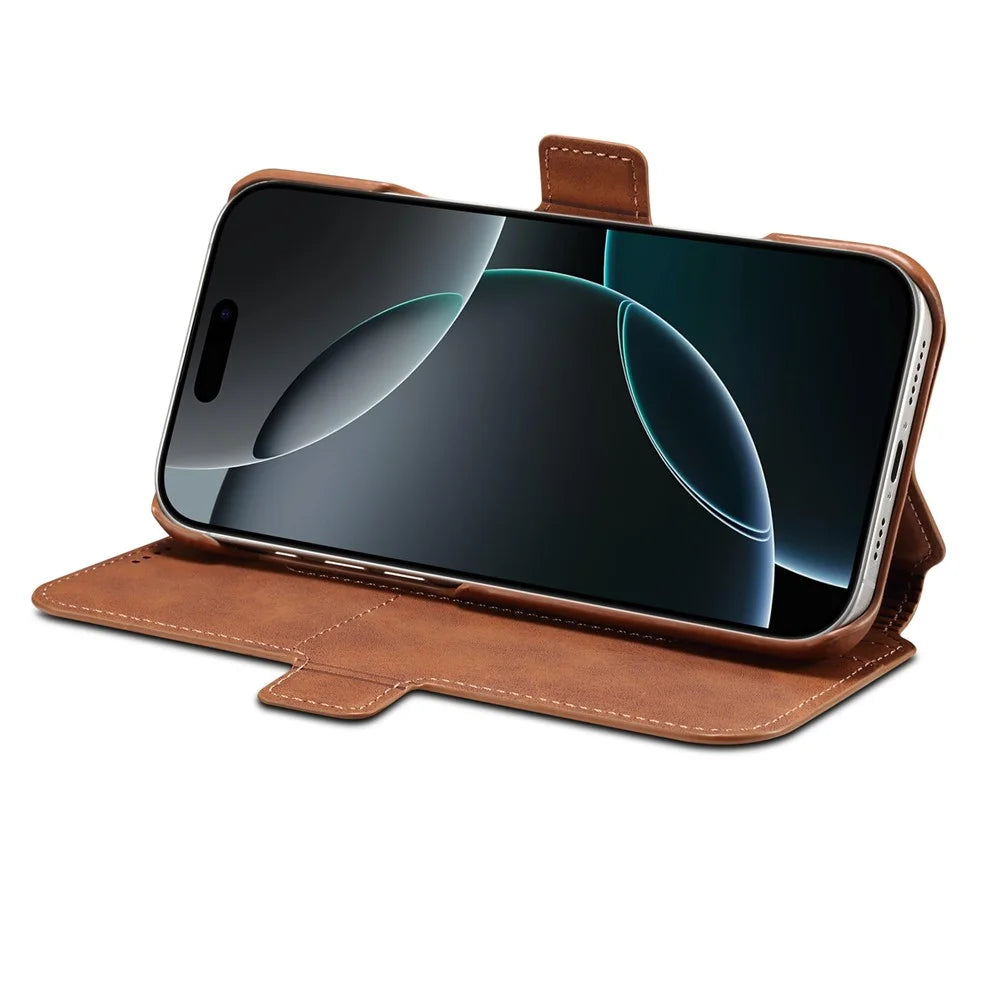 DENIOR B07 For iPhone 16 Pro Case Leather + PC Magnetic Detachable Wallet Phone Cover - Brown - 3