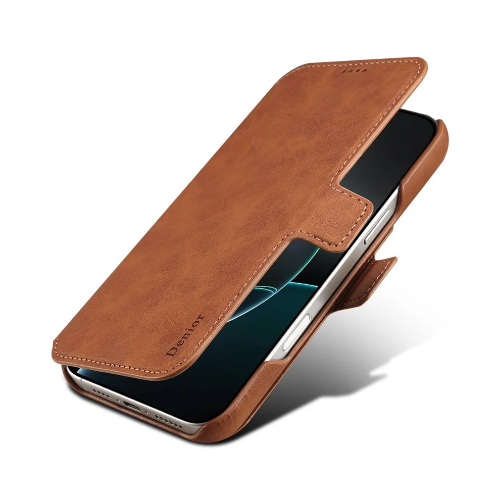 DENIOR B07 For iPhone 16 Pro Case Leather + PC Magnetic Detachable Wallet Phone Cover - Brown - 5