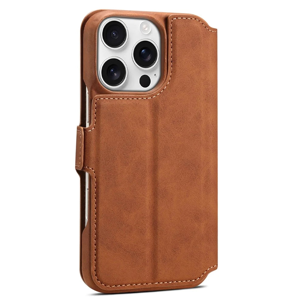DENIOR B07 For iPhone 16 Pro Case Leather + PC Magnetic Detachable Wallet Phone Cover - Brown - 6