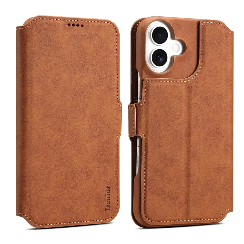 DENIOR B07 For iPhone 16 Plus Case Leather + PC Magnetic Detachable Wallet Phone Cover - Brown - 1