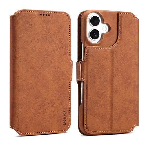 DENIOR B07 For iPhone 16 Plus Case Leather + PC Magnetic Detachable Wallet Phone Cover - Brown - 1