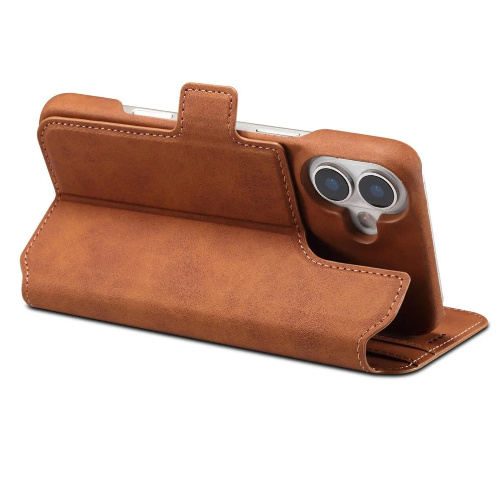 DENIOR B07 For iPhone 16 Plus Case Leather + PC Magnetic Detachable Wallet Phone Cover - Brown - 2