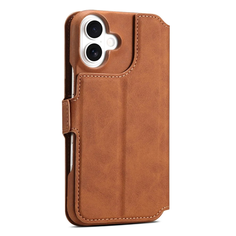 DENIOR B07 For iPhone 16 Plus Case Leather + PC Magnetic Detachable Wallet Phone Cover - Brown - 7