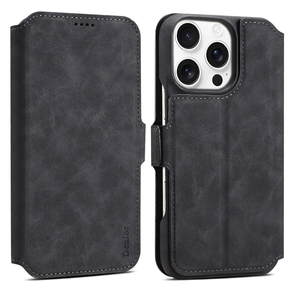 DENIOR B07 For iPhone 16 Pro Max Case Leather + PC Magnetic Detachable Wallet Phone Cover - Black - 1