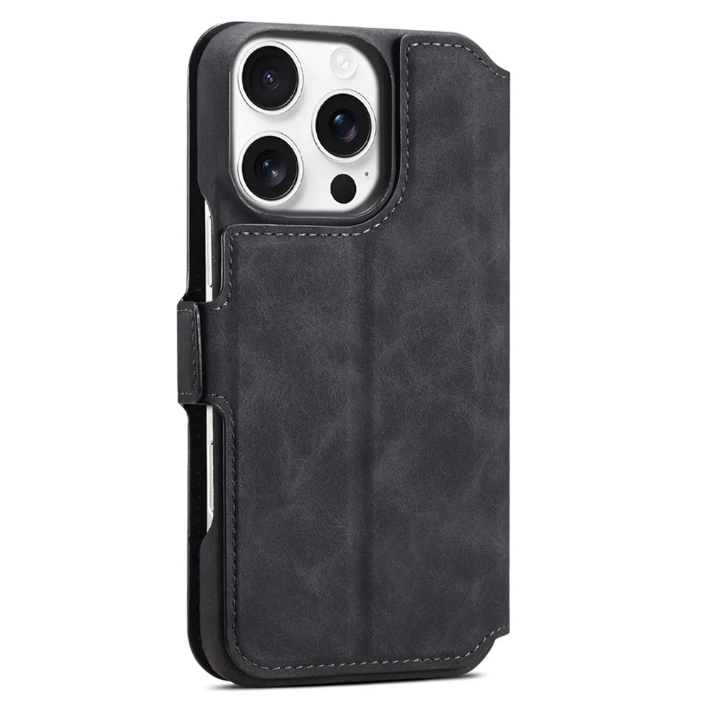 DENIOR B07 For iPhone 16 Pro Max Case Leather + PC Magnetic Detachable Wallet Phone Cover - Black - 6