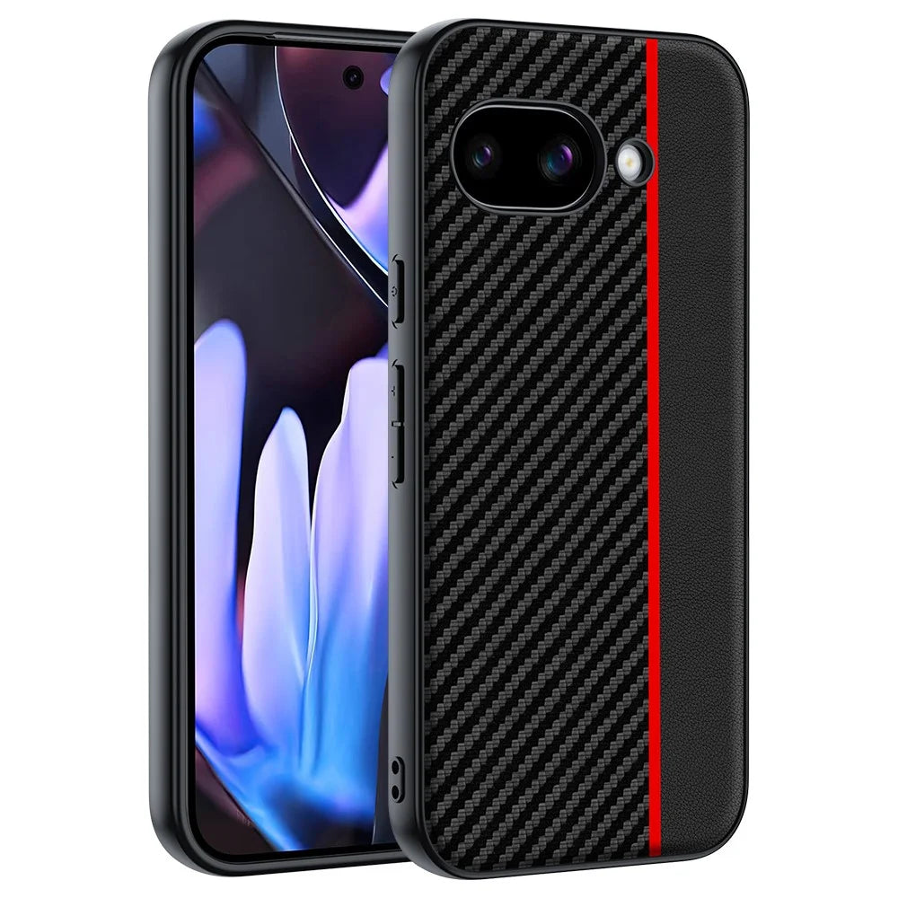 For Google Pixel 9a Case Leather + PC Hard Phone Cover Carbon Fiber Texture - Black / Red - 1
