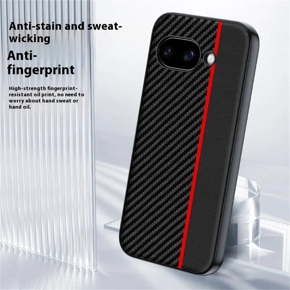 For Google Pixel 9a Case Leather + PC Hard Phone Cover Carbon Fiber Texture - Black / Red - 4