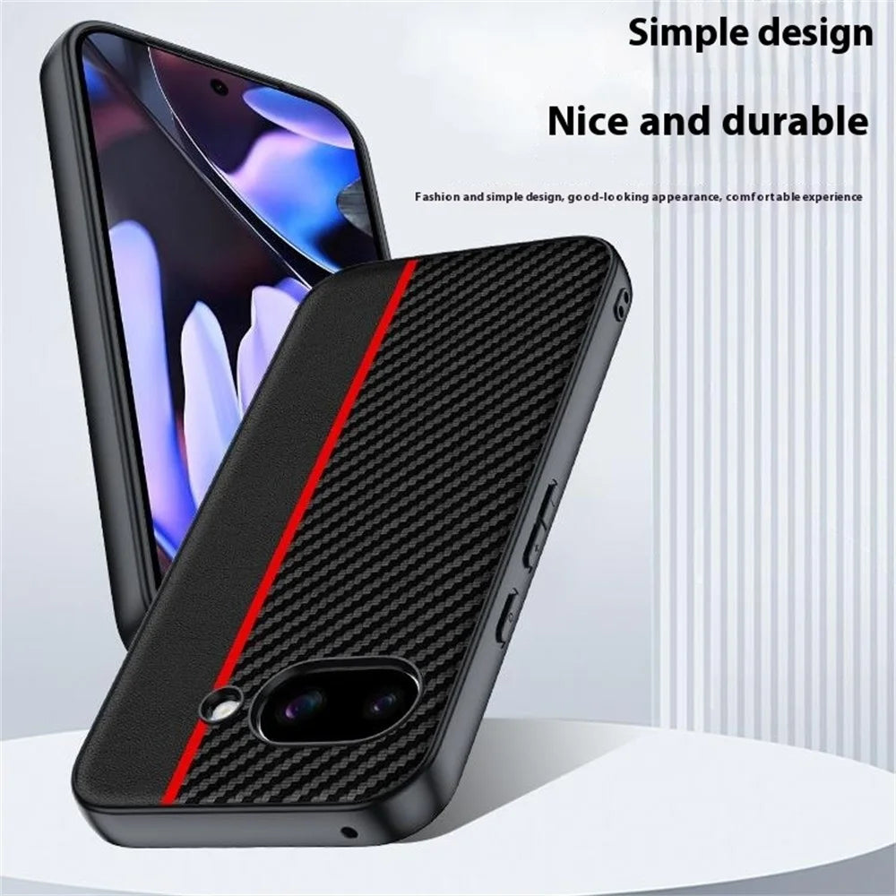 For Google Pixel 9a Case Leather + PC Hard Phone Cover Carbon Fiber Texture - Black / Red - 5