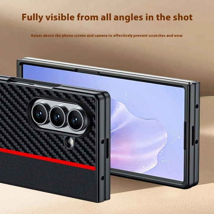 For Samsung Galaxy Z Fold7 5G Case Carbon Fiber Texture Leather + PC Anti-Drop Folding Phone Cover - Black / Red - 2