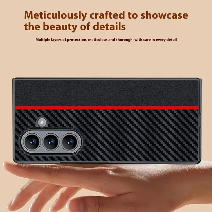 For Samsung Galaxy Z Fold7 5G Case Carbon Fiber Texture Leather + PC Anti-Drop Folding Phone Cover - Black / Red - 3