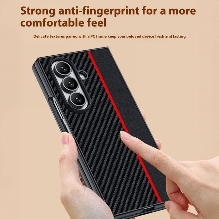 For Samsung Galaxy Z Fold7 5G Case Carbon Fiber Texture Leather + PC Anti-Drop Folding Phone Cover - Black / Red - 5
