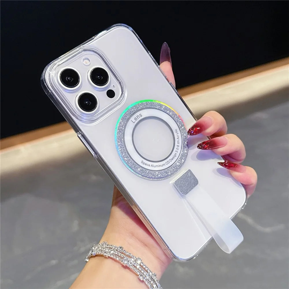 For iPhone 15 Pro Max Magnetic Case with Handheld Strap Laser Glitter Clear PC Phone Cover - Silver - 1