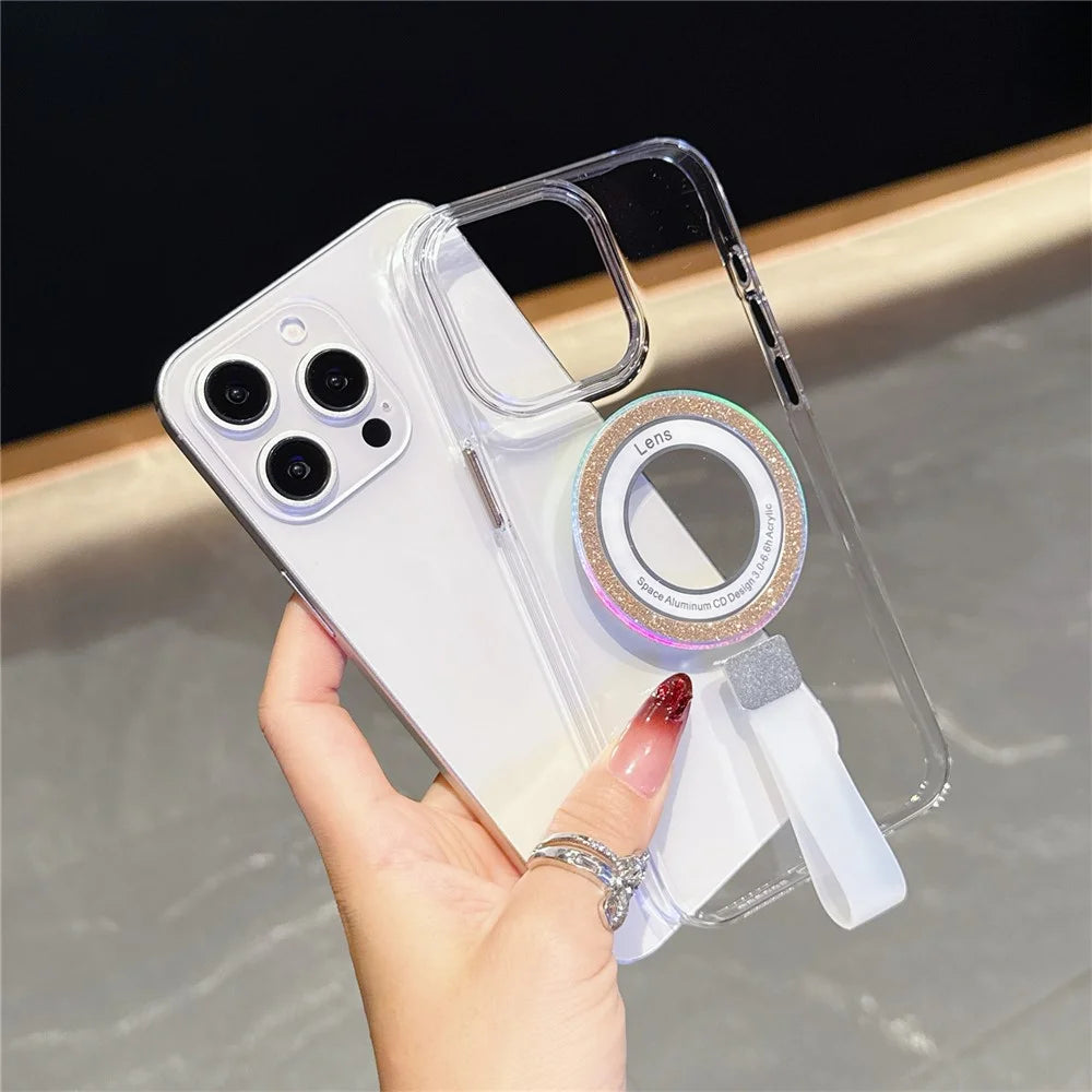 For iPhone 15 Pro Max Magnetic Case with Handheld Strap Laser Glitter Clear PC Phone Cover - Silver - 2