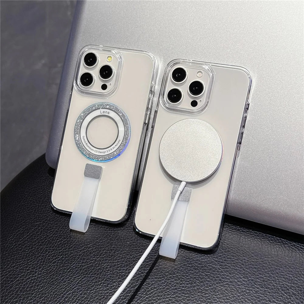 For iPhone 15 Pro Max Magnetic Case with Handheld Strap Laser Glitter Clear PC Phone Cover - Silver - 3
