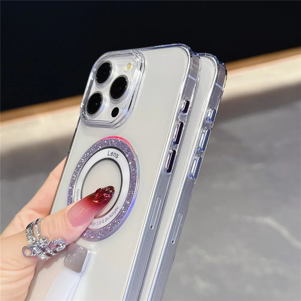 For iPhone 15 Pro Max Magnetic Case with Handheld Strap Laser Glitter Clear PC Phone Cover - Silver - 5