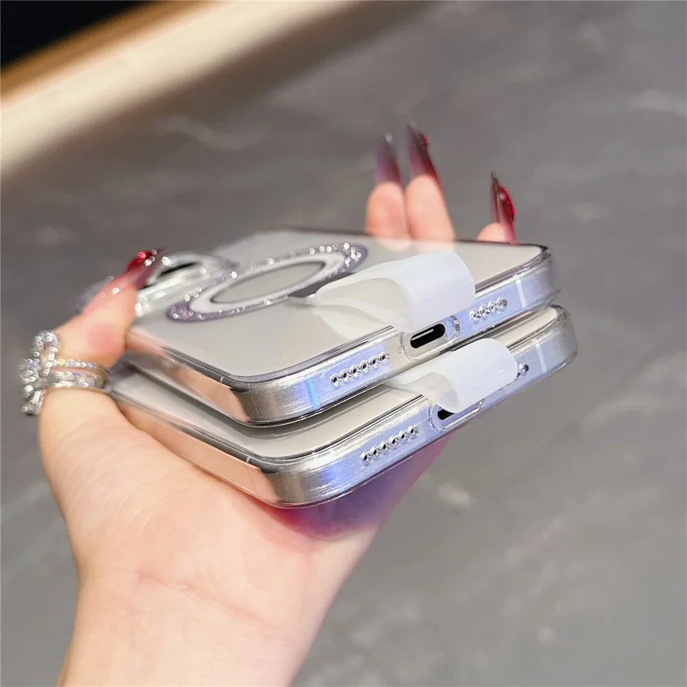 For iPhone 15 Pro Max Magnetic Case with Handheld Strap Laser Glitter Clear PC Phone Cover - Silver - 6