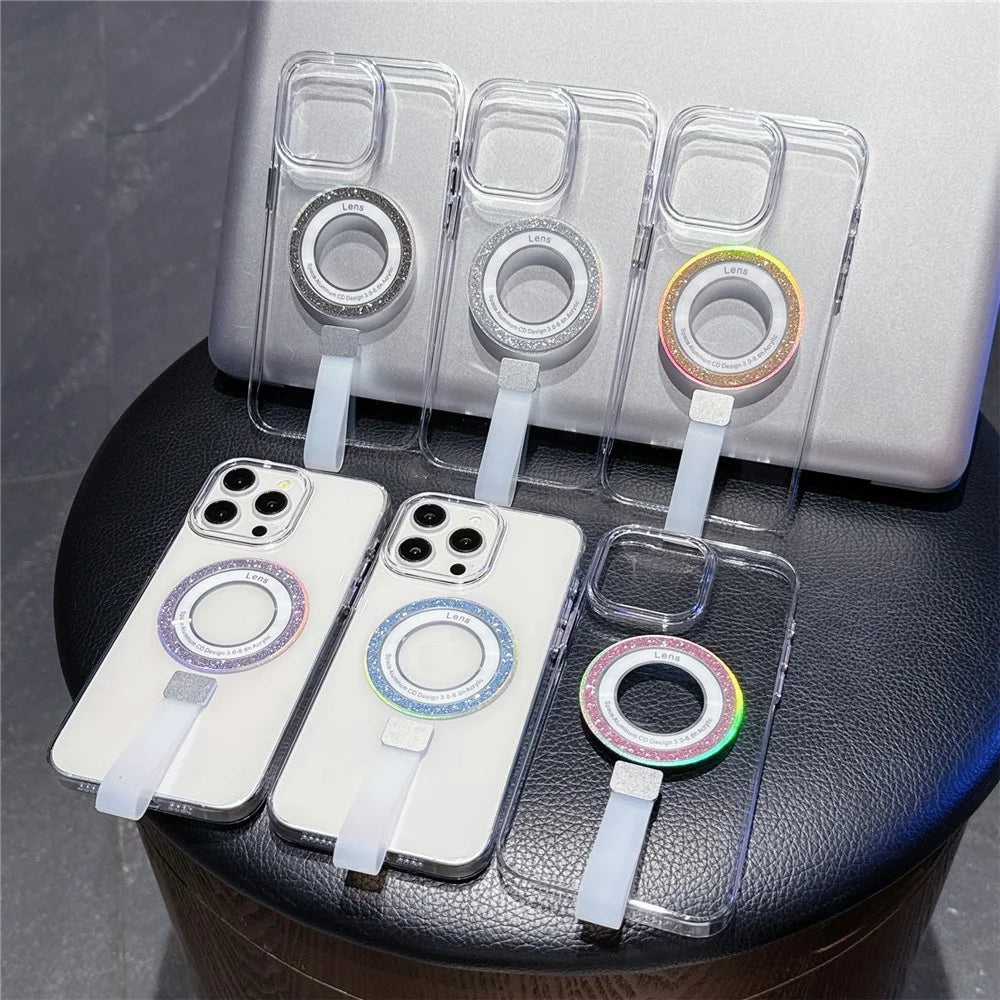 For iPhone 15 Pro Max Magnetic Case with Handheld Strap Laser Glitter Clear PC Phone Cover - Silver - 7