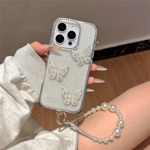 For iPhone 16 Pro Case Glitter Rhinestone Decor Butterfly TPU + PC Phone Case with Beaded Strap - Black - 1