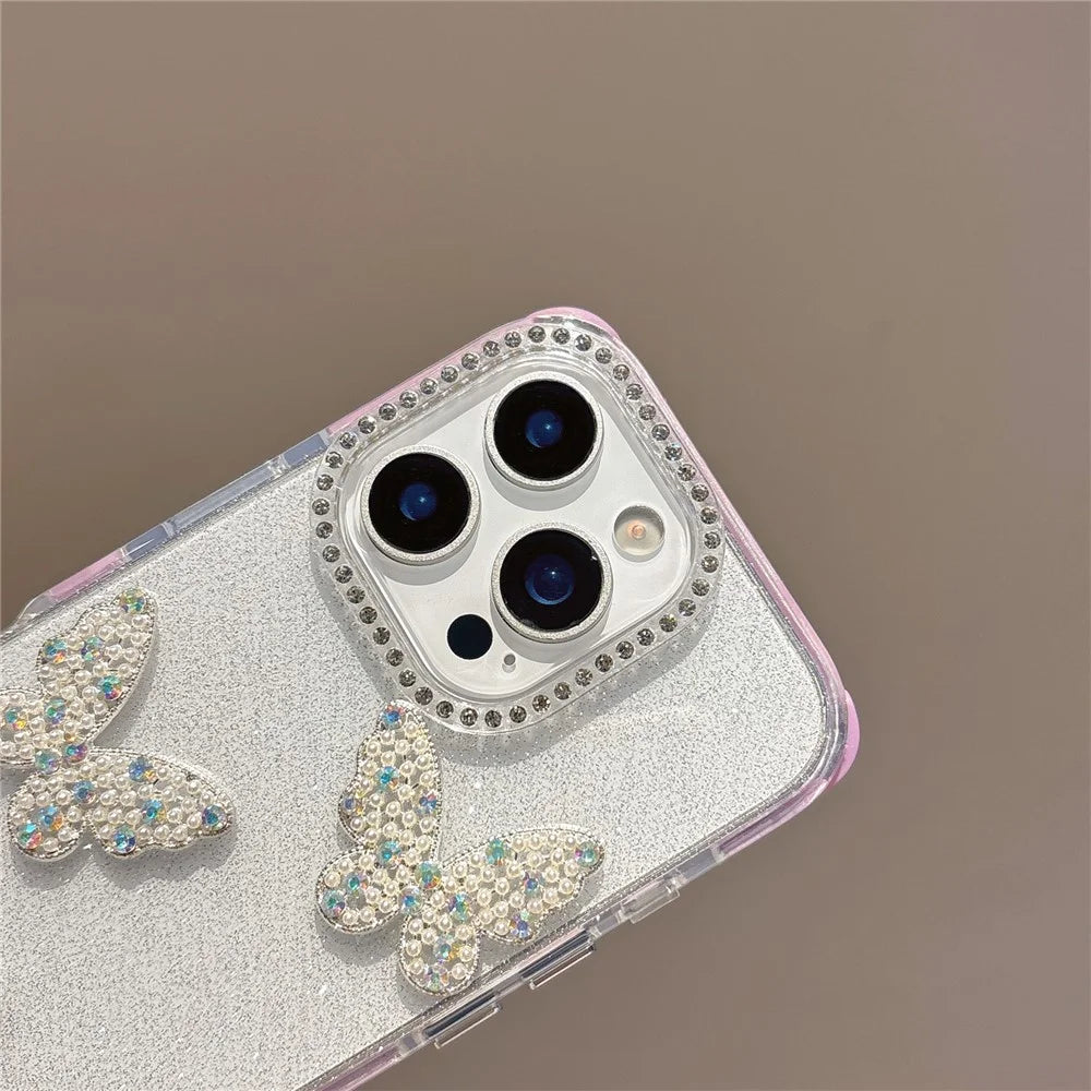 For iPhone 16 Pro Case Glitter Rhinestone Decor Butterfly TPU + PC Phone Case with Beaded Strap - Black - 3