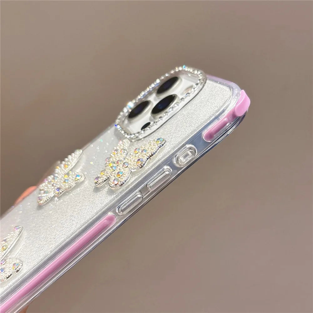 For iPhone 16 Pro Case Glitter Rhinestone Decor Butterfly TPU + PC Phone Case with Beaded Strap - Black - 4
