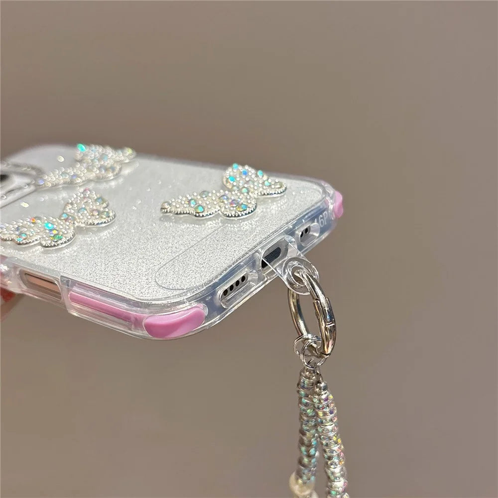 For iPhone 16 Pro Case Glitter Rhinestone Decor Butterfly TPU + PC Phone Case with Beaded Strap - Black - 5