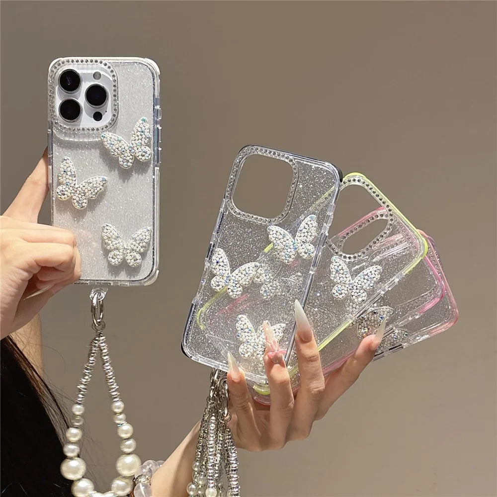 For iPhone 16 Pro Case Glitter Rhinestone Decor Butterfly TPU + PC Phone Case with Beaded Strap - Black - 6
