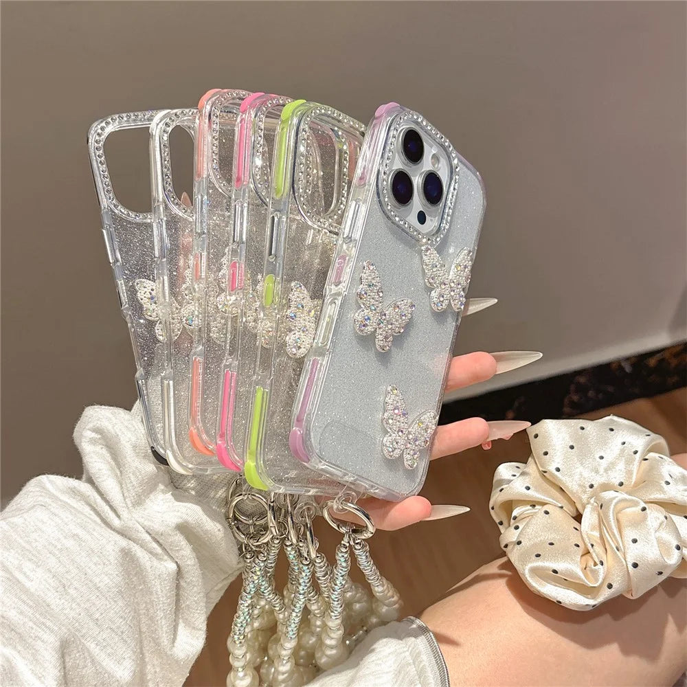 For iPhone 16 Pro Case Glitter Rhinestone Decor Butterfly TPU + PC Phone Case with Beaded Strap - Black - 7