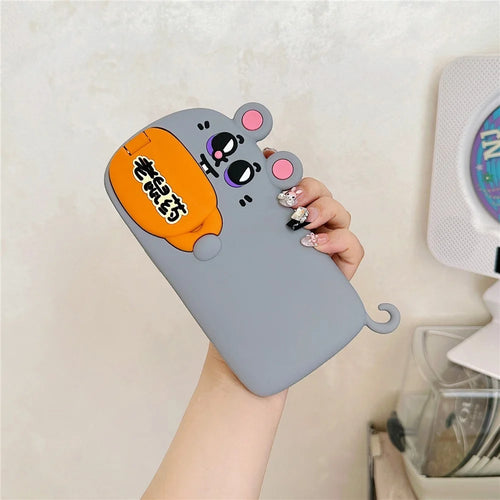 For iPhone 15 Silicone Case Cute Rat and Rat Poison Design Lens Cover Kickstand Phone Back Cover - 1