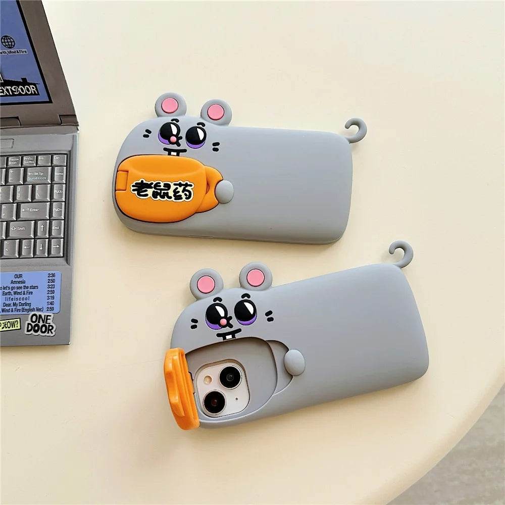 For iPhone 15 Silicone Case Cute Rat and Rat Poison Design Lens Cover Kickstand Phone Back Cover - 2
