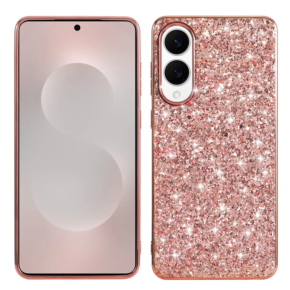 For Samsung Galaxy S25 Edge Case TPU + PC Sparkling Glitter Phone Back Cover - Rose Gold - 1